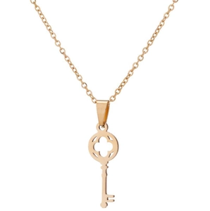 Detailed view of an 18K gold-plated stainless steel key pendant necklace on white base