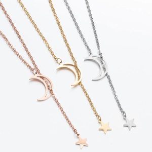 Stainless Steel Star And Moon Pendant Necklace Dainty Y-Shape Lariat Clavicle Chain Simple Chic Jewelry For Women