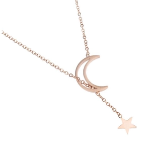 Detailed view of rose gold celestial necklace with crescent moon and star pendant