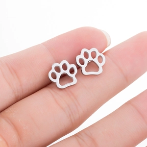Minimalist silver stainless steel hollow paw print stud earrings for women and pet lovers