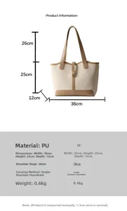 Detailed size specifications for the large capacity cream and brown leather tote bag