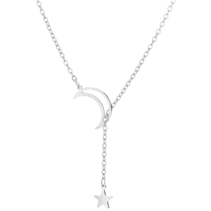 Macro detail of silver Y-shape lariat necklace with hollow moon and star charms