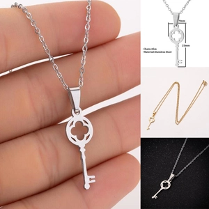Stainless Steel Key Pendant Necklace Clover Cutout Geometric Minimalist Jewelry For Women Elegant Simple Clavicle Chain
