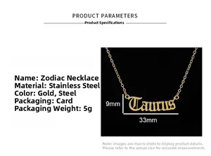 Macro shot of Taurus zodiac necklace in gold finish with 33mm by 9mm pendant dimensions