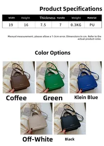 Detailed size chart and multi-color options for the minimalist PU leather handbag
