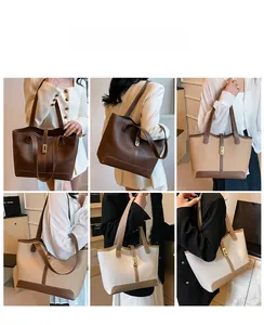 Six-grid display showing large capacity leather tote bags in three colors on models
