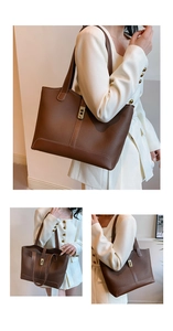 Three-way view of a brown large capacity tote bag with white stitching and metal lock
