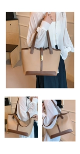 Detailed views of a large two-tone leather tote bag with a golden turn-lock closure