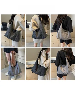 Multiple views of the grey star and bow print canvas tote bag shown with model
