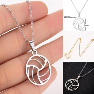 Minimalist stainless steel volleyball necklace with hollow round pendant in gold and silver