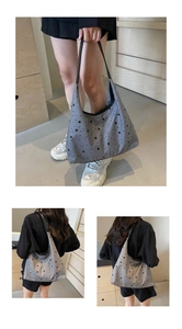 Detailed views of gray canvas tote bag with black star prints and wide shoulder strap
