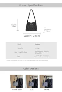 Detailed dimensions and specs of a casual bucket bag with star patterns and bow clasp