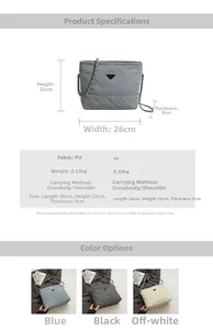 Detailed dimension guide for the quilted bucket bag showing 26x22x9cm size and strap