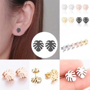 Monstera Leaf Stud Earrings Stainless Steel Hollow Out Tropical Plant Design Minimalist Elegant Commuting Jewelry Women
