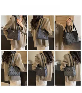 Detail shots of a grey canvas tote bag with star prints and a silver bow accessory