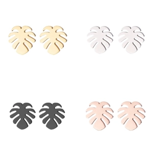 Surgical steel monstera leaf stud earrings in gold silver black and rose gold finishes