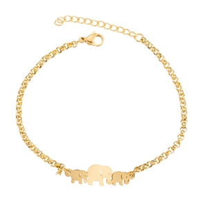 Detailed view of gold stainless steel bracelet featuring three elephant charms and lobster clasp