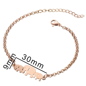 Detail showing 30mm rose gold elephant pendants on a stainless steel link bracelet