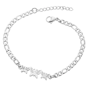 Detail of silver stainless steel figaro chain bracelet with three hollow butterfly pendants