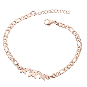 Detail of rose gold butterfly pendant on Figaro chain with adjustable clasp