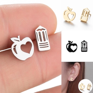 Asymmetric Stud Earrings Stainless Steel Cartoon Apple And Pencil Shape Personalized Minimalist Fashion Jewelry For Women