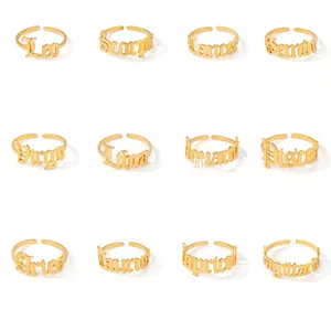 Goldene Sternzeichen-Ringe Set mit zwölf verstellbaren Gothic-Schrift-Konstellationsringen