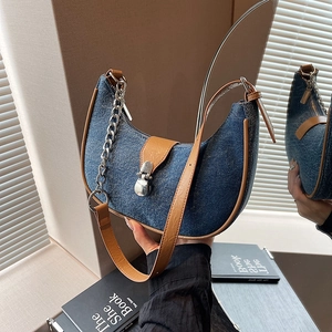 Denim Shoulder Bag Half Moon Underarm Hobo Baguette Bag With Leather Trim And Chain Retro Y2K Fashion Women Crossbody