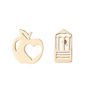 Detail showing asymmetrical golden apple with heart cutout and pencil shaped stud earrings