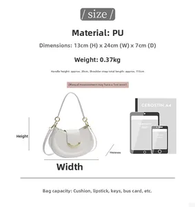 Detailed size guide of white PU crescent bag with dimensions and capacity comparison