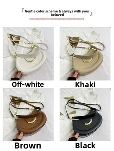 Collage of four crescent shoulder bags in cream, khaki, brown, and black with gold buckles