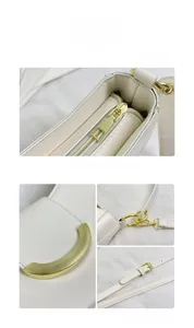 Detail shots of white leather crescent bag showing gold metal hardware and smooth zippers