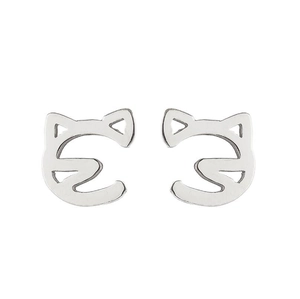 Minimalist silver stainless steel cat stud earrings with a polished finish on white backdrop
