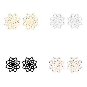 Set of four stainless steel hollow flower stud earrings in gold, silver, black, and rose gold