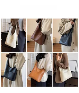 Collage de sacs hobo en cuir crème, marron, noir et beige portés par des mannequins