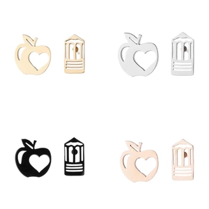 Cartoon apple and pencil asymmetrical stainless steel stud earrings set in four metal colors