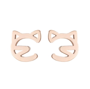 Macro detail of rose gold cat-shaped stud earrings with minimalist hollow-out design