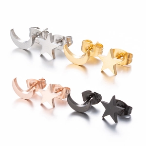 Set of four stainless steel star and moon stud earrings in silver gold black and rose gold