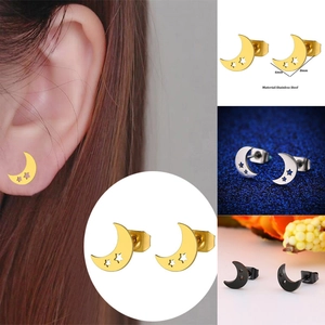 Minimalist Moon Star Stud Earrings Hollow Crescent Stainless Steel Exquisite Fashion Jewelry For Women