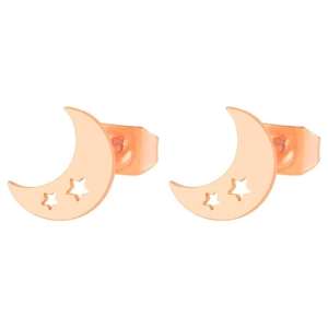 Detail of rose gold moon earrings with hollow star patterns and butterfly backings