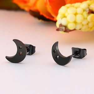 Minimalist black crescent moon stud earrings with star cutouts in stainless steel