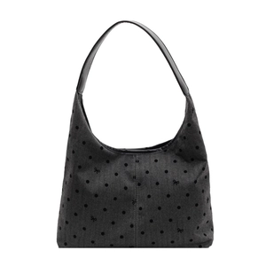 Grey canvas hobo bag with black polka dots and small embroidered bows for daily commute
