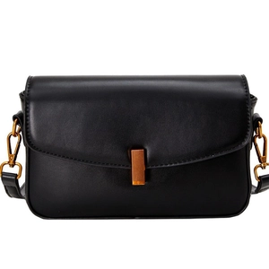 Retro black leather crossbody bag for women with minimalist golden metal buckle and strap