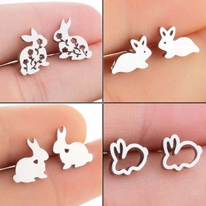 Cute Rabbit Stud Earrings Stainless Steel Hollow Out Floral Animal Shape Minimalist Jewelry For Women Girls