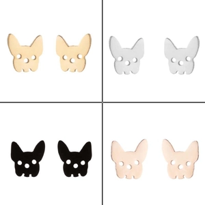 Detailed close-up of French Bulldog ear studs in gold silver black and rose gold finishes