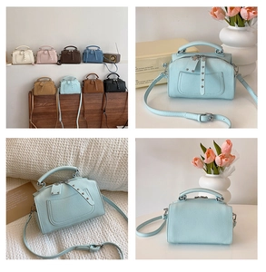 Detailed view of textured faux leather mini bags in various colors with rivet accents