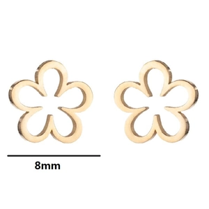 Detail view of 8mm gold minimalist hollow flower stud earrings in stainless steel