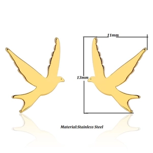 Minimalist golden stainless steel bird stud earrings featuring a flying swallow design