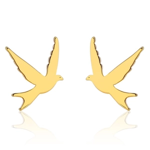 Detailed view of glossy gold bird earrings with elegant swallow wing design and reflections