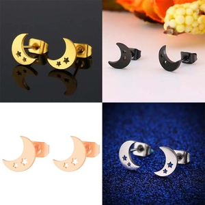 Minimalist moon and star stainless steel stud earrings in four metallic color options