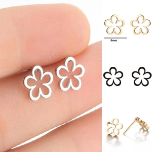 Minimalist Hollow Flower Stud Earrings Stainless Steel Five Petal Geometric Tiny Jewelry For Women Girls
